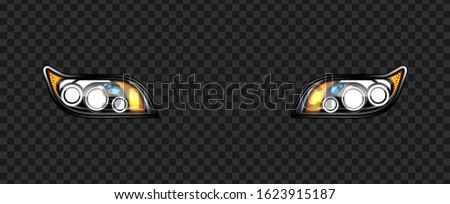 Headlight Car Detail With Glowing Effect Vector. Front Led Automobile Headlight Tool, Modern Style Exterior Element. Illuminate Design Lamp Equipment Concept Template Realistic 3d Illustration