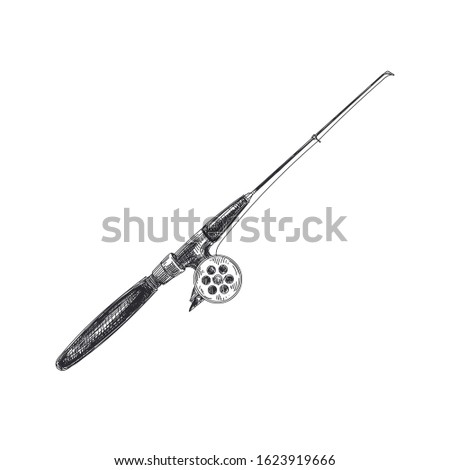 Professional fishing rod hand drawn monochrome vector illustration. Angling equipment simple vintage sketch. Retro fisherman spinner with reel isolated design element on white background