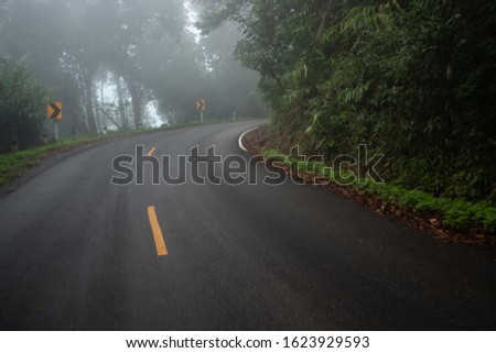 foggy rural asphalt highway perspective with white line, misty road, Road with traffic and heavy fog, bad weather driving.