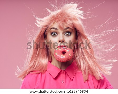 Beautiful woman pink hair charm sweets luxury sugar model