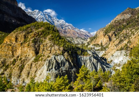 Top view of the Marshyangdi river valley, Annapurna circuit trek, Nepal.