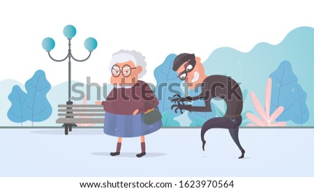 Thief and Senior Woman. The thief stole a handbag from an old woman. The concept of fraud, robbery. Robbery in the park. Cartoon flat vector illustration. Royalty-Free Stock Photo #1623970564