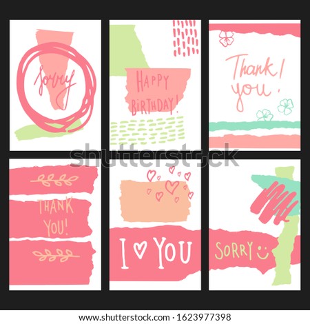 Set of six pastel cards with stripes of scraped, torn paper, patterns, texts. Vector A5 format templates for greeting cards, posters, banners, prints. Happy birthday, Thank you, I love you, Sorry.