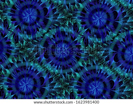 A hand drawing pattern made of blue tones Ribbons on a black background 
