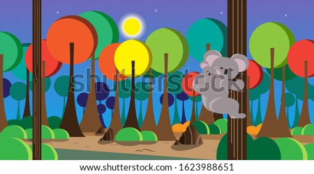 Koala who was sleeping while carrying her child, in the middle of a dense forest. Moonlight illuminates the grove of trees