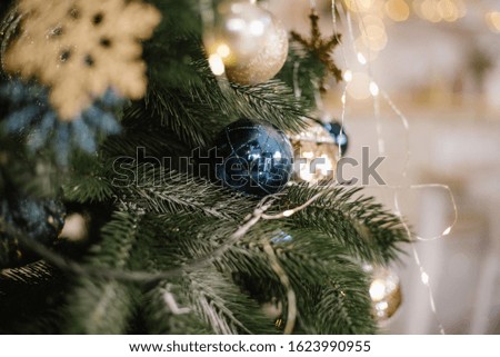 Element of christmas tree. Close up photo of blue christmas balls