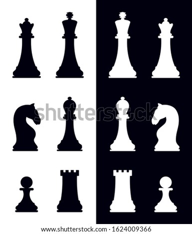 Chessboard. Silhouettes of chess pieces. King, Queen, rook, knight, Bishop, pawn. Black and white. Vector chess isolated on white background. Chess icons. Playing chess on the Board