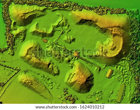 DEM - digital elevation model. Product made after proccesing pictures taken from a drone. It shows mine with stockpiles Royalty-Free Stock Photo #1624010212