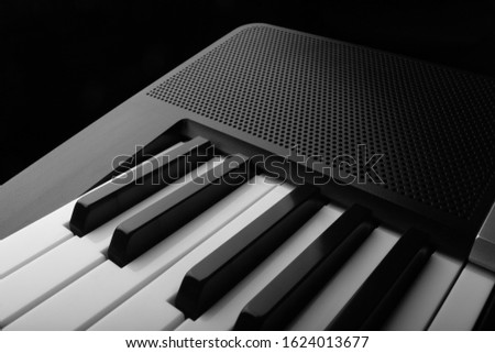 Closeup view of electronic synthesizer piano keys. Horizontal black and white photo ready for music shops, posters, advertising booklets, business cards, web presentations. Place for text