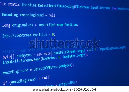 Abstract dark blue background with binary code, programming concept. Technical pattern with symbols software.