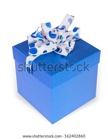 Blue square gift box with lid top and polk dot bow isolated on white 