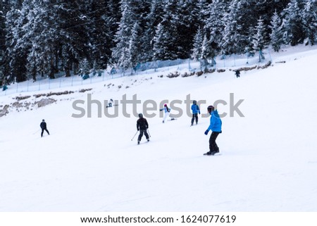 Ilgaz ski center in national park in winter time with skiers  