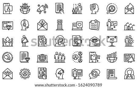 PR specialist icons set. Outline set of PR specialist vector icons for web design isolated on white background Royalty-Free Stock Photo #1624090789