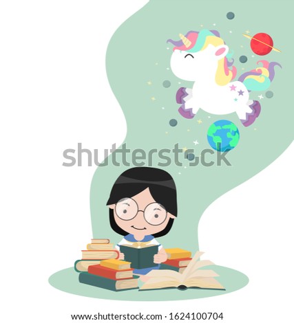 Girl sit reading book with unicorn in space
