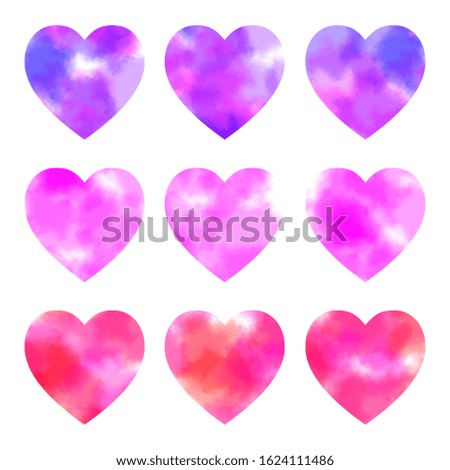 Set of watercolor bright pink and purple hearts. Valentine day romantic elements for packaging, label, scrapbook, banners, card, invitation, postcard