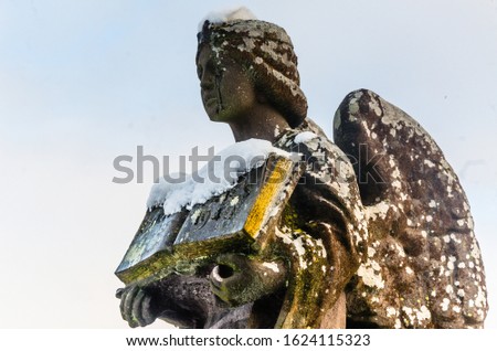 Views of an stone angel, with tree covered in snow, Lozere, France