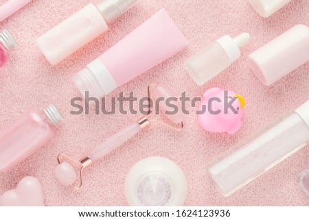 natural products for skin care on pink background, flat lay