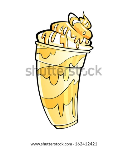 Cartoon glossy banana vanilla milkshake with sundae topping and whipped cream on glass