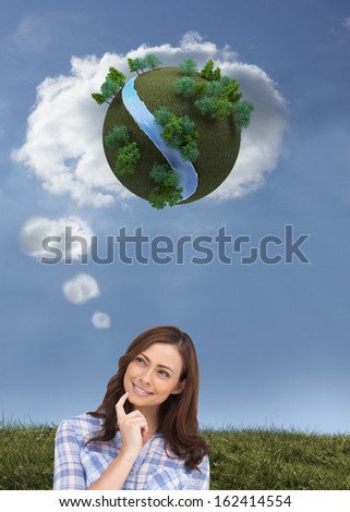 Composite image of thoughtful woman placing her finger on her chin 