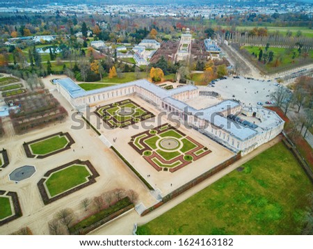Aerial scenic view of Grand Trianon palace in the Gardens of Versailles near Paris, France Royalty-Free Stock Photo #1624163182