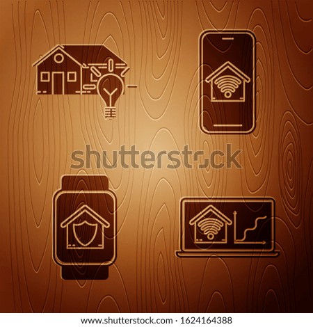 Set Laptop with smart home with wi-fi, Smart house and light bulb, Smart watch with house under protection and Mobile phone with smart home with wi-fi on wooden background. Vector