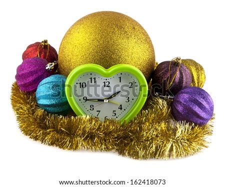new-year decorations and clock on a white background