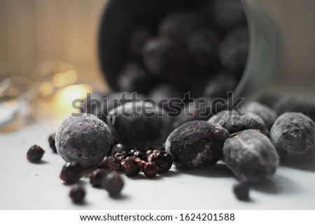 macro photography frozen plums in a metal bucket                          