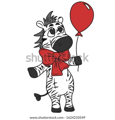 Vector birthday greeting card decorated with flowers. Cute Zebra with a bow on his neck and a ball in his paw . design for a holiday, banners and postcards.