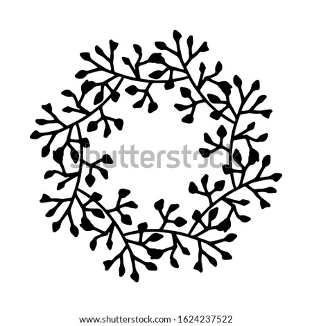 vector illustration of herbal frame. Rustic. Hand drawn simple line. Black stroke. Isolated on white background. Elegant and noble. Best for wedding design. Invitation. Copy space
