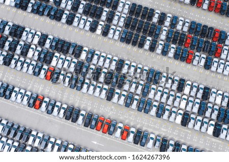 Top view of row new cars in logistic port export terminal