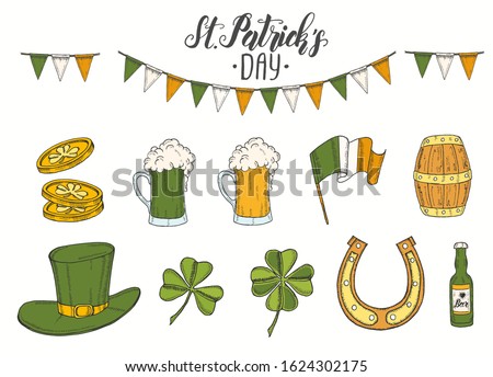 St Patrick's day set with Hand drawn   St. Patrick's hat, horseshoe, beer, barrel, irish flag, four-leaf clover and gold coins. Lettering. Engraving illustrations