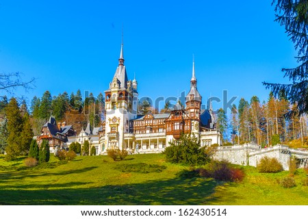 Panorama of the Peles Castle, a Neo-Renaissance castle in the Carpathian Mountains of Romania
