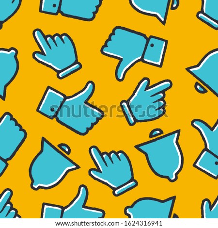 Thumb Seamless Pattern. Web Symbol and Web Icons Seamless Pattern. Like Icon Seamless Pattern on yellow background isolated. Stock Vector Illustration. Cartoon style.
