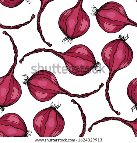 Vector seamless pattern with hand drawn Redwing onion bulbs. Beautiful food design elements, ink drawing, perfect for prints and patterns
