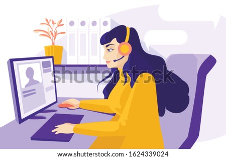 Woman using laptop cartoon vector background. Working from home, remote job. Online shopping. Freelance, outsourthing concept. Girl studying. Freelancer, student cartoon character