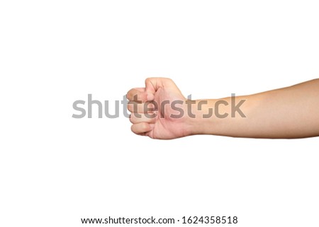 Close up of Asian men hands that fist punch to object isolated on white background. Clipping path.