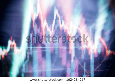 financial candlestick chart with line graph and stock numbers on gradient blue color background