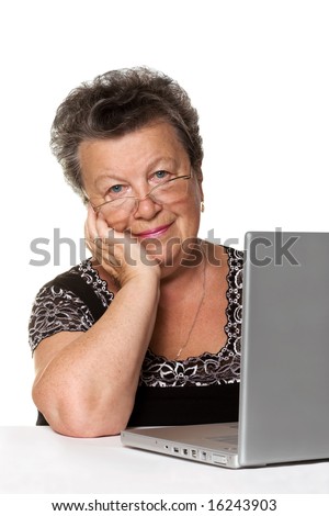 The old woman with modern laptop on a white background