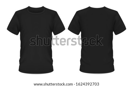 Men t-shirt, vector black mockup template with short sleeve and round neck. T-shirt mockup, menswear casual apparel clothing and sportswear, front and back view