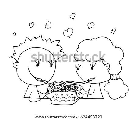 Coloring book for kids - smiling boy and girl eat spaghetti together. Be my Valentine. Valentines day. 14 February. Black and white cute cartoon hand drawing kids. Vector illustration.	