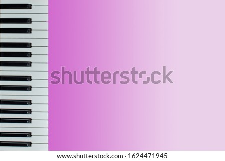 Piano keyboard on left side with gradient mauve background