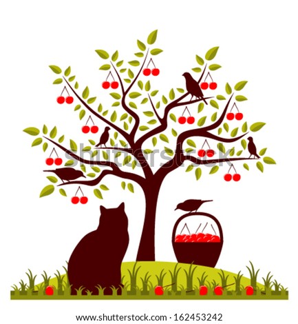 vector cherry tree, basket of cherries, cat and birds