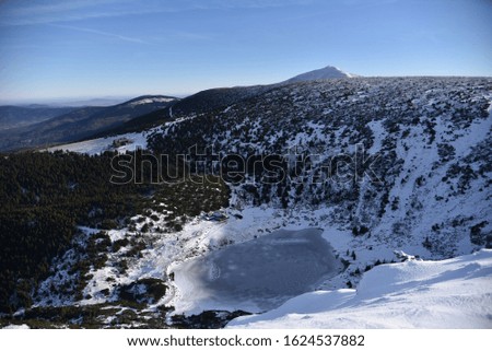Winter panorama of mountain lake and Karkonosze mountains in National Park - Lower Silesia region, Poland.