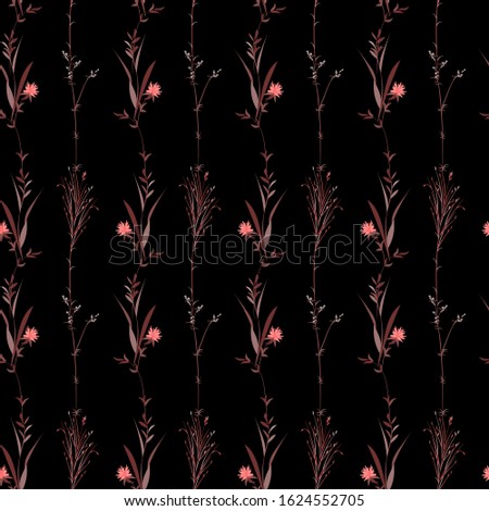 Floral pattern in scandinavian style. Clover flowers and herbs in pink neon color on dark background. Seamless background, vector pattern. For individual design, packaging and textiles.