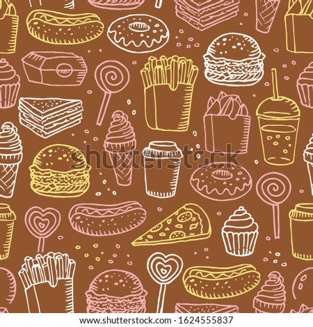 Fast food seamless pattern. Sweets print. Fast food cafe menu background. Doodle pizza, burger, hot dog, donut, sandwich, fried potato pattern. American cuisine vector illustration.