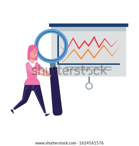 board with graphic chart and happy woman with big magnifying glass over white background, colorful design, vector illustration