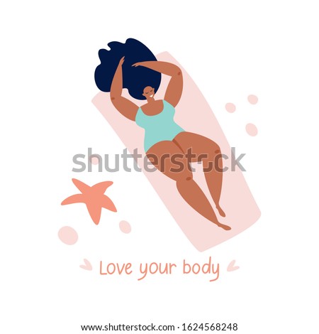 Quote love your body with different figure woman type on summer beach and starfish.  Vector flat style illustration happy plus size girl are lying  on beige  background. Female cartoon character
