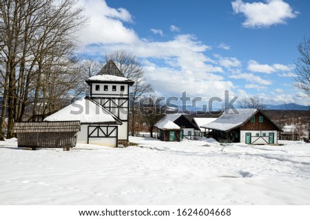 Old wooden house covered with the snow on mountain. Beautiful winter landscape in nature. Old farm buildings on cold day. Idyllic rural landscape with old wooden cottage. Traditional house in village.