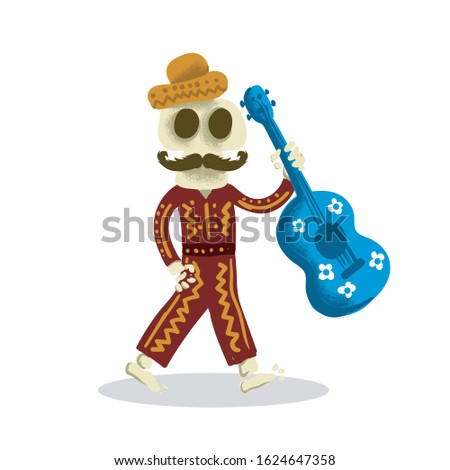 Day of the Dead Cartoon Illustration of a Skeleton Walking with a Guitar