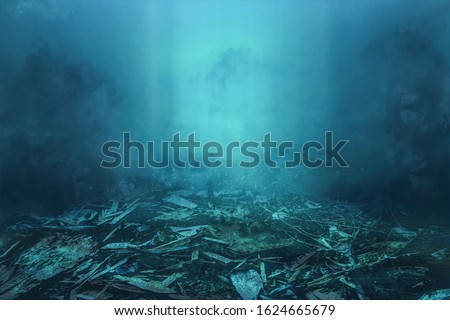 Illustration of underwater fantasy backgrounds and rubbish heaps